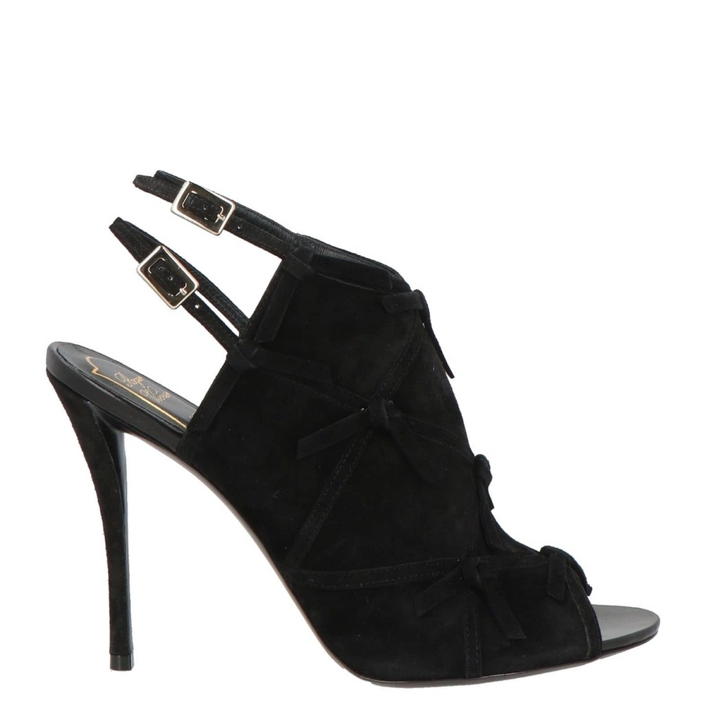 Roger Vivier Black Suede Open-Toe Slingback Heels with Bows